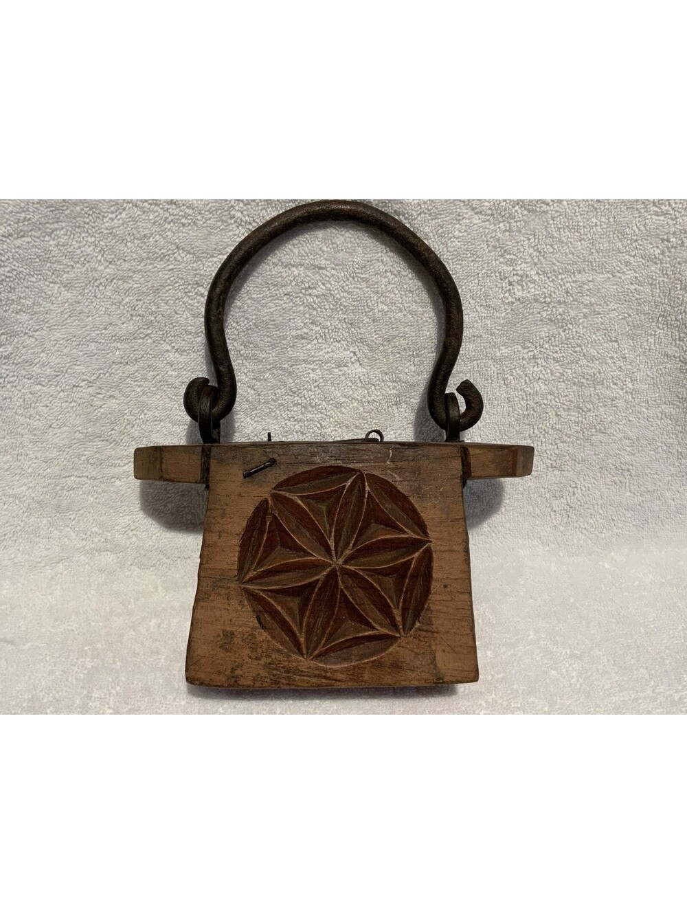 Vintage Indian Hand Carved Solid Wood Oil Container w/Iron Handle